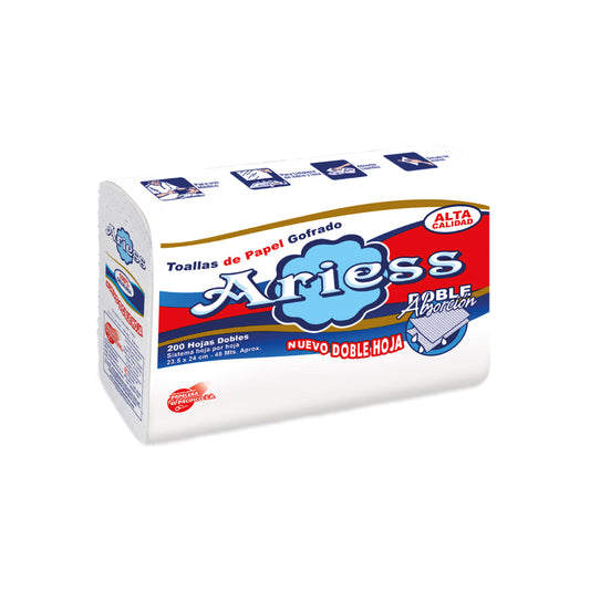 PAPEL TOALLA ARIES DOBLADA (INTERFOLIADA) Doble hoja x 200 Und. ( 23.5 x 24 Cm.)